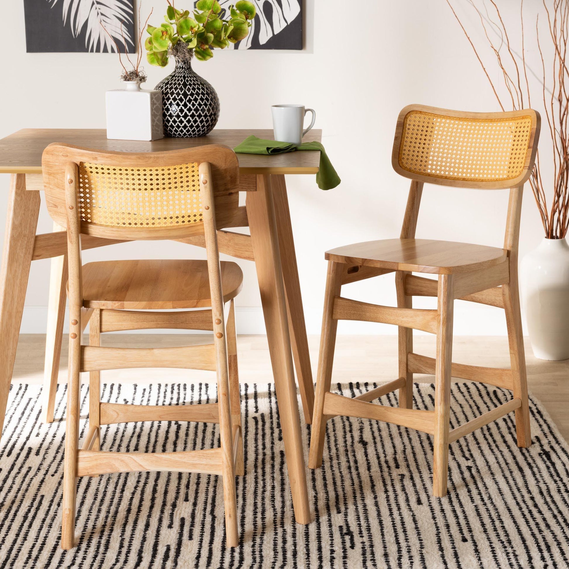 Baxton Studio Tadeo Mid-Century Modern Oak Brown Finished Wood and Rattan 2-Piece Counter Stool Set FredCo