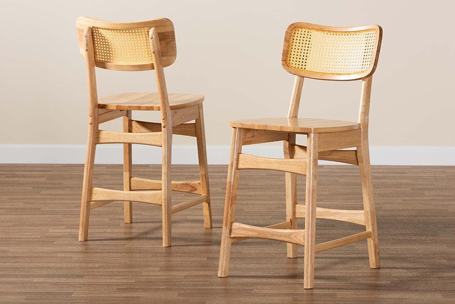 Baxton Studio Tadeo Mid-Century Modern Oak Brown Finished Wood and Rattan 2-Piece Counter Stool Set FredCo