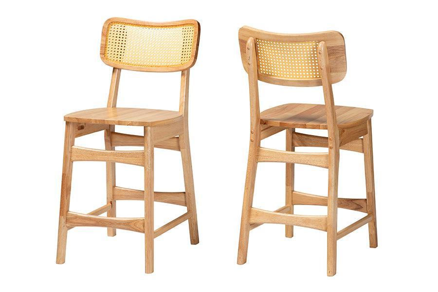 Baxton Studio Tadeo Mid-Century Modern Oak Brown Finished Wood and Rattan 2-Piece Counter Stool Set FredCo