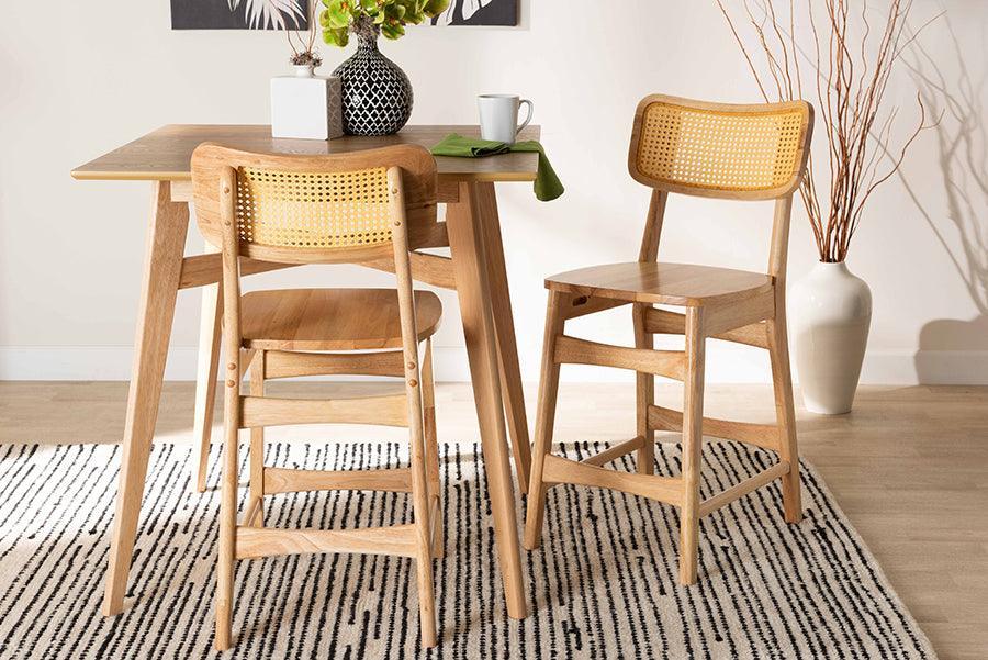 Baxton Studio Tadeo Mid-Century Modern Oak Brown Finished Wood and Rattan 2-Piece Counter Stool Set FredCo