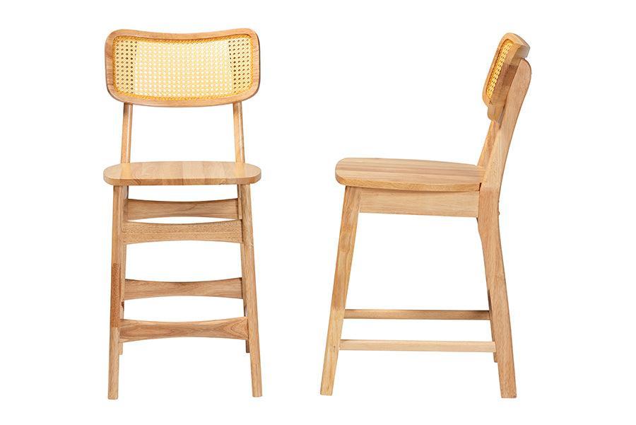 Baxton Studio Tadeo Mid-Century Modern Oak Brown Finished Wood and Rattan 2-Piece Counter Stool Set FredCo