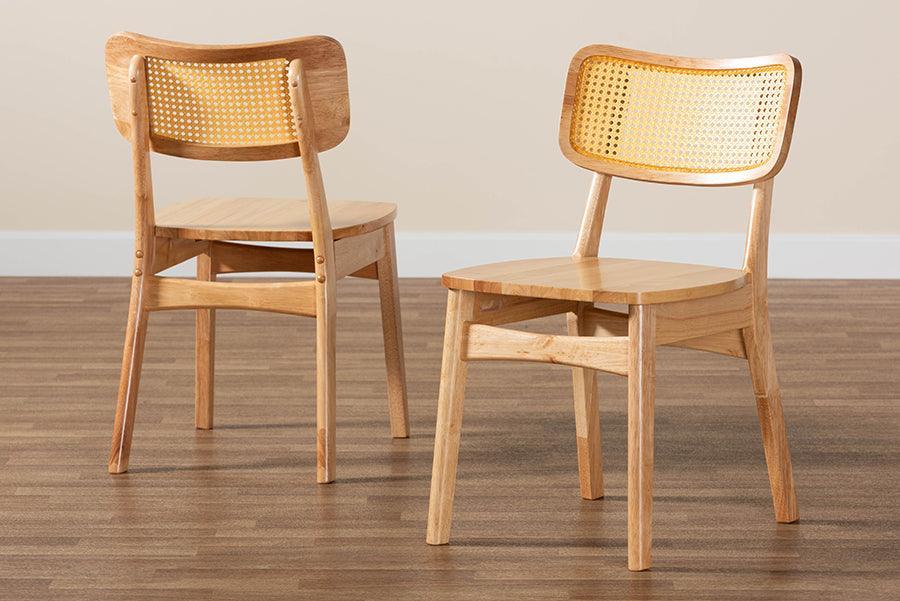 Baxton Studio Tadeo Mid-Century Modern Oak Brown Finished Wood and Rattan 2-Piece Dining Chair Set FredCo
