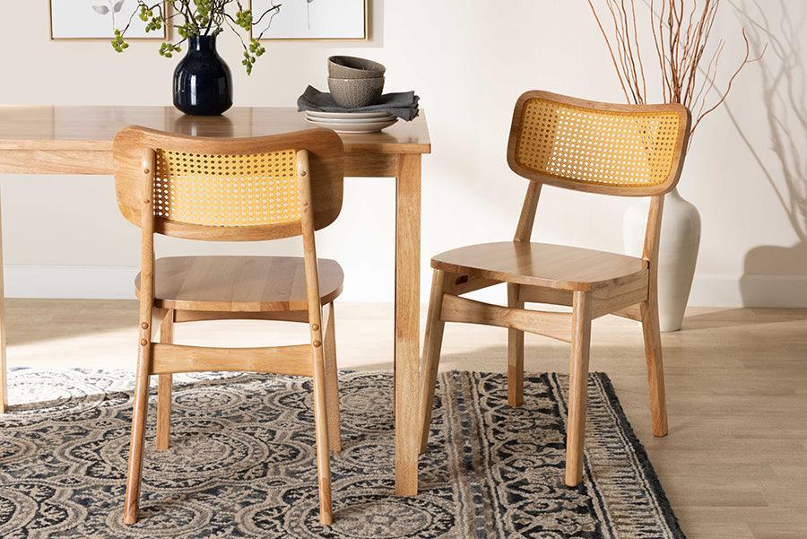 Baxton Studio Tadeo Mid-Century Modern Oak Brown Finished Wood and Rattan 2-Piece Dining Chair Set FredCo