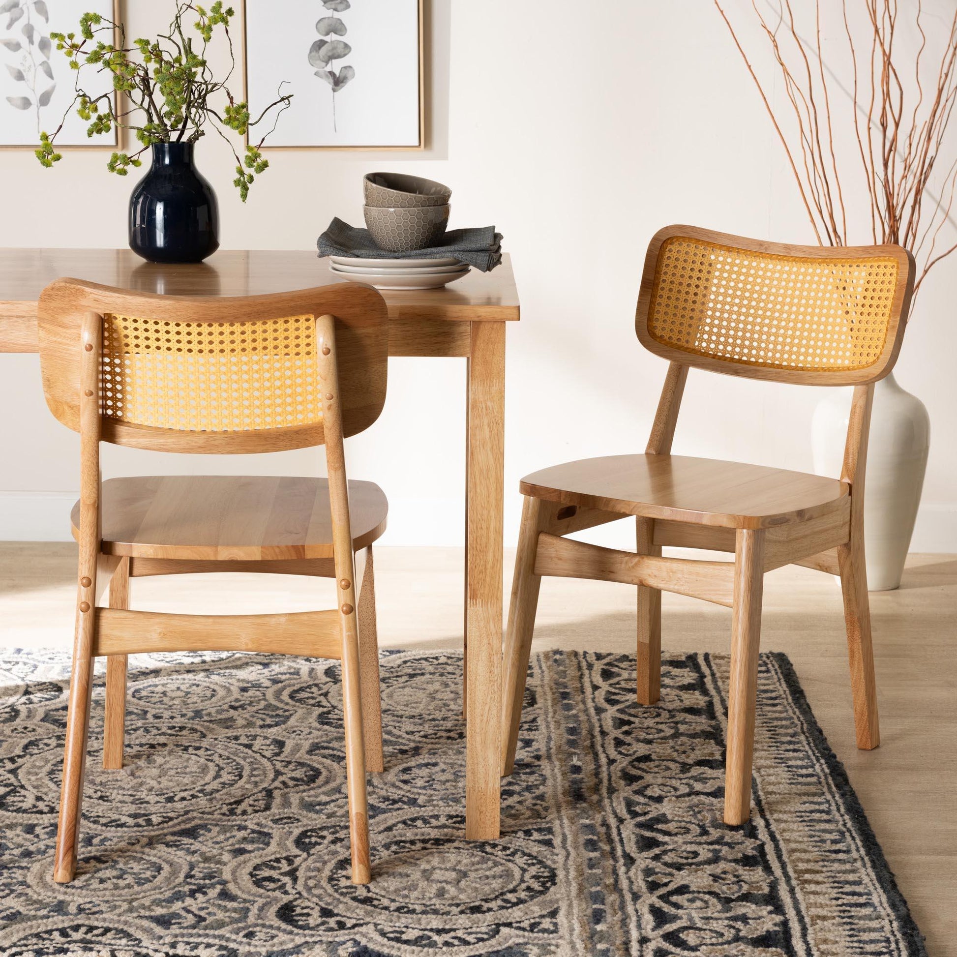 Baxton Studio Tadeo Mid-Century Modern Oak Brown Finished Wood and Rattan 2-Piece Dining Chair Set FredCo