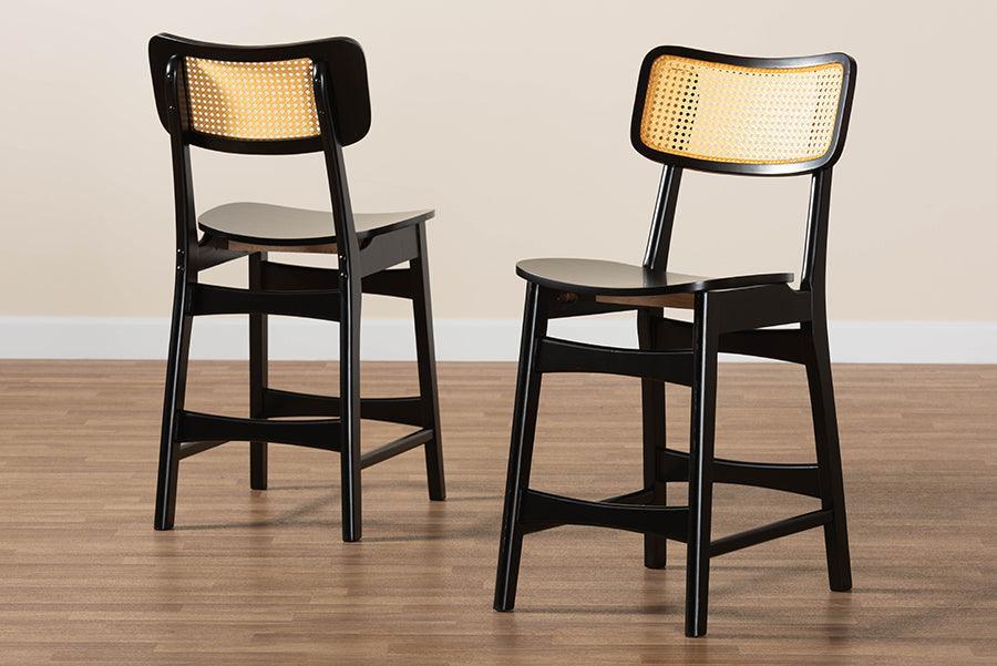 Baxton Studio Tafari Mid-Century Modern Dark Brown Finished Wood and Rattan 2-Piece Counter Stool Set FredCo