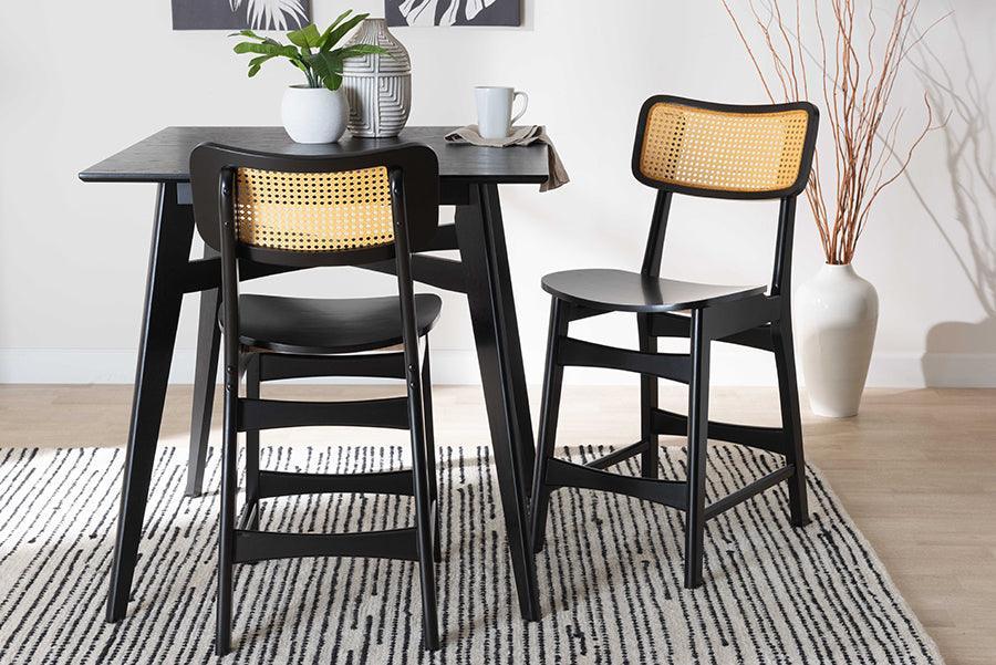Baxton Studio Tafari Mid-Century Modern Dark Brown Finished Wood and Rattan 2-Piece Counter Stool Set FredCo