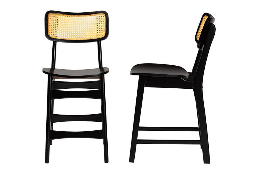 Baxton Studio Tafari Mid-Century Modern Dark Brown Finished Wood and Rattan 2-Piece Counter Stool Set FredCo