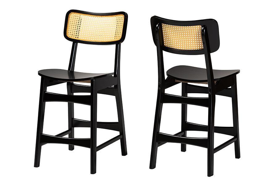 Baxton Studio Tafari Mid-Century Modern Dark Brown Finished Wood and Rattan 2-Piece Counter Stool Set FredCo