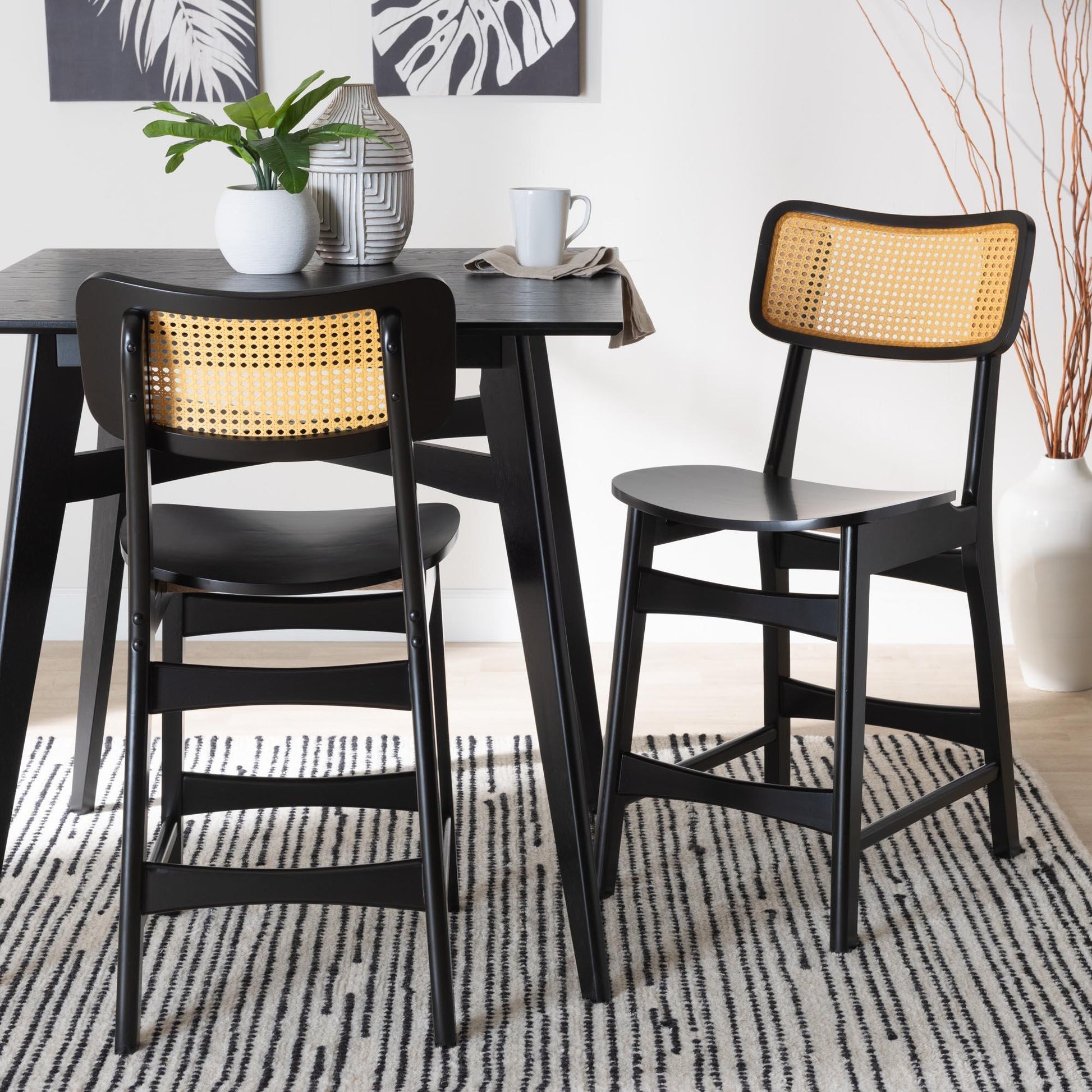 Baxton Studio Tafari Mid-Century Modern Dark Brown Finished Wood and Rattan 2-Piece Counter Stool Set FredCo