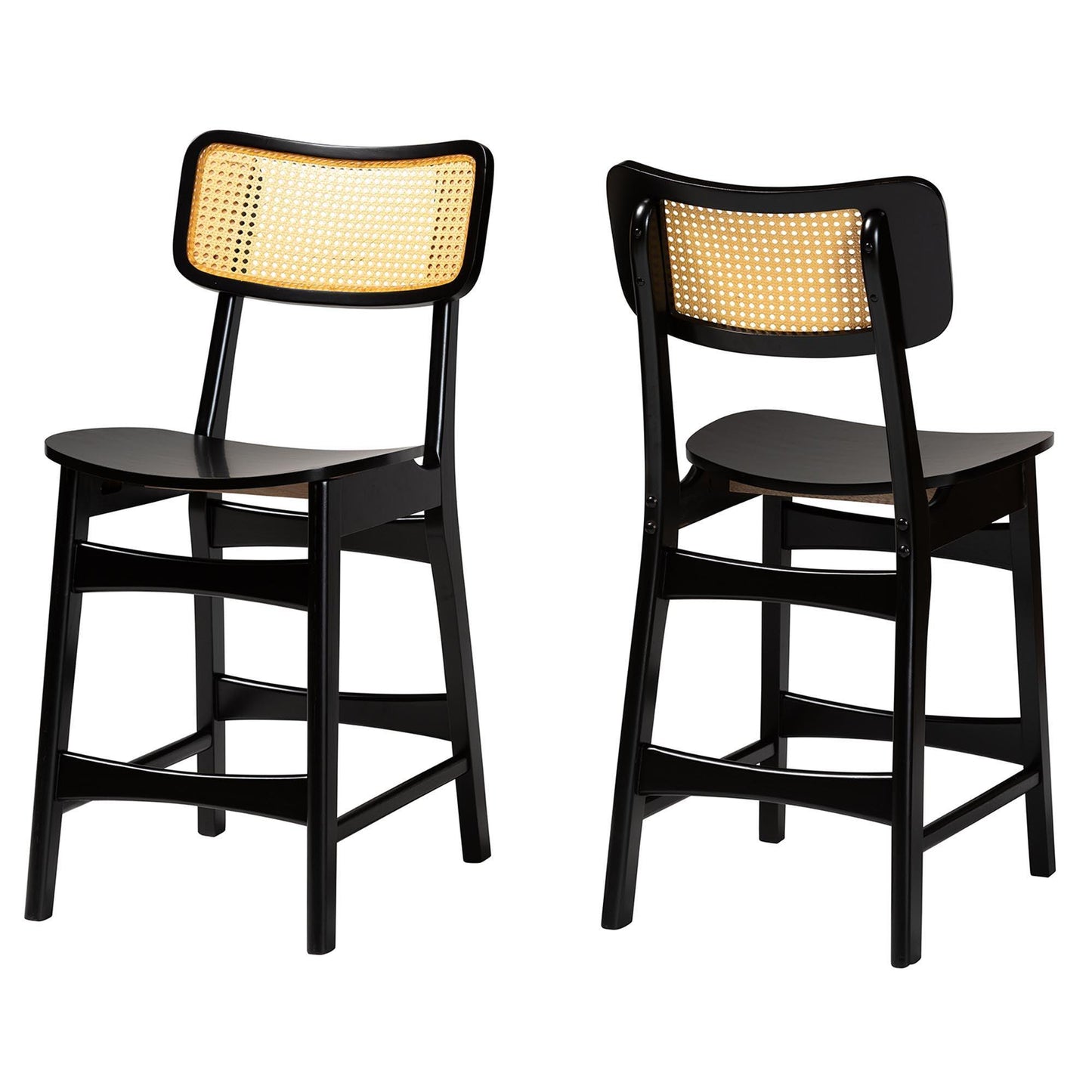 Baxton Studio Tafari Mid-Century Modern Dark Brown Finished Wood and Rattan 2-Piece Counter Stool Set FredCo