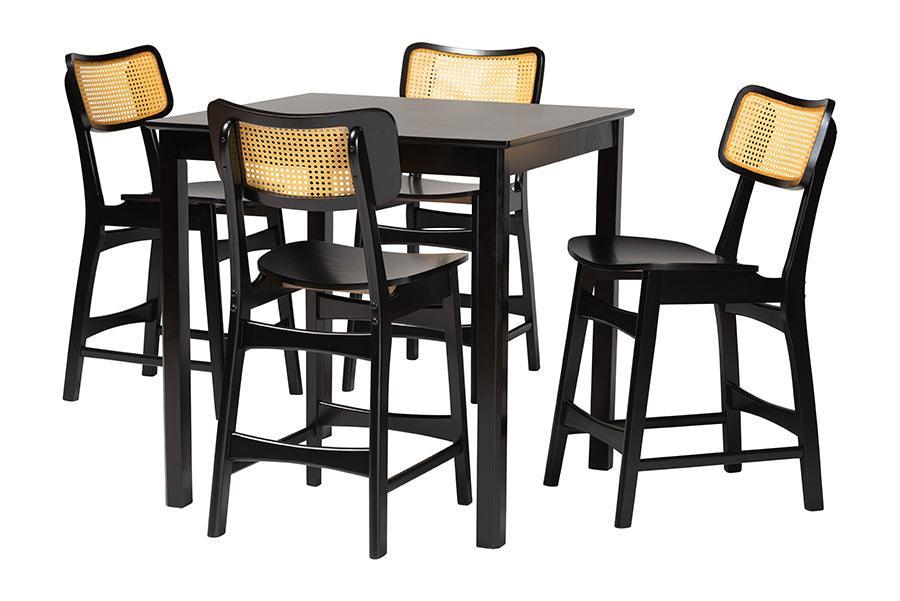 Baxton Studio Tafari Mid-Century Modern Dark Brown Finished Wood and Rattan Pub Set FredCo