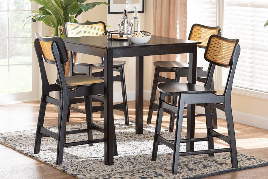 Baxton Studio Tafari Mid-Century Modern Dark Brown Finished Wood and Rattan Pub Set FredCo