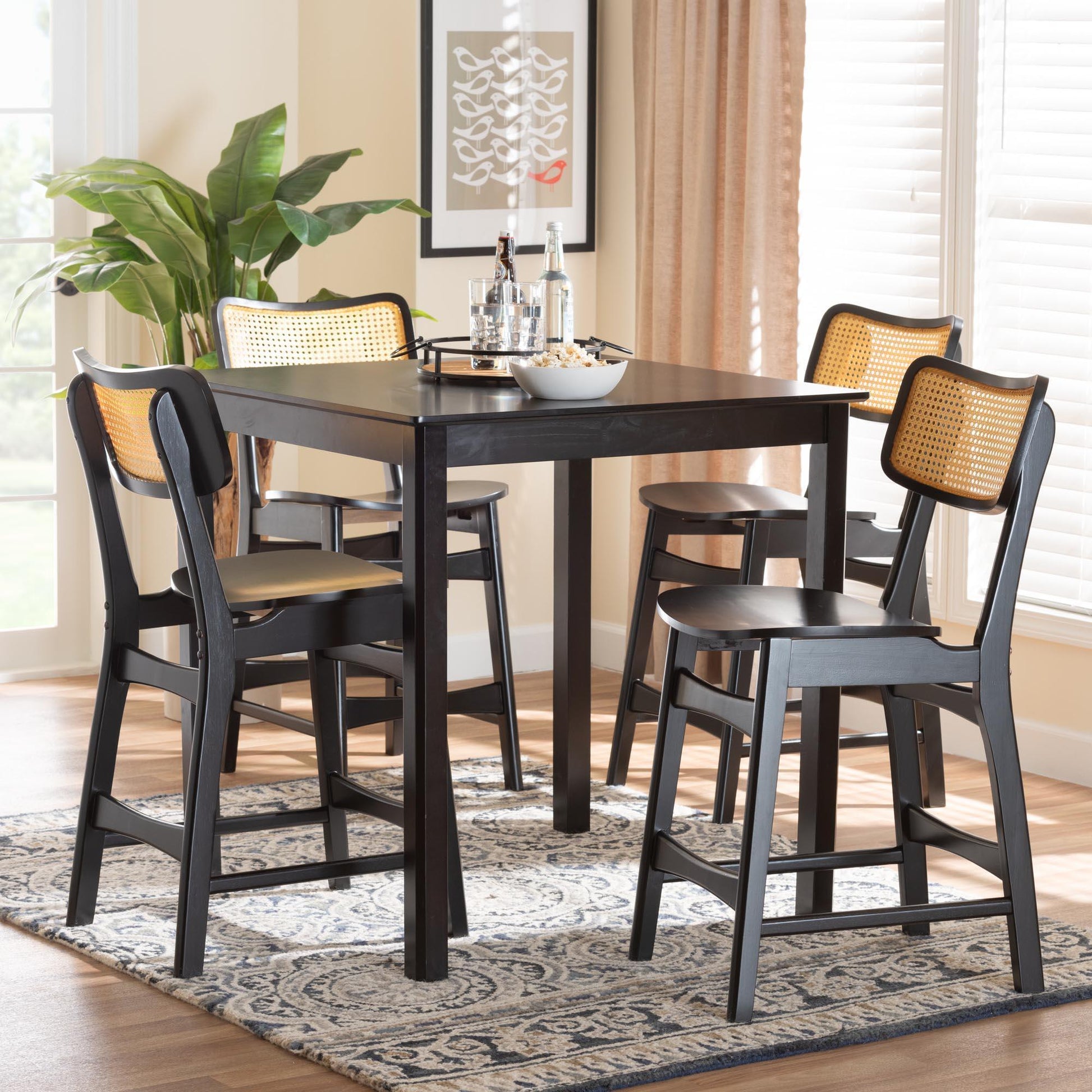 Baxton Studio Tafari Mid-Century Modern Dark Brown Finished Wood and Rattan Pub Set FredCo