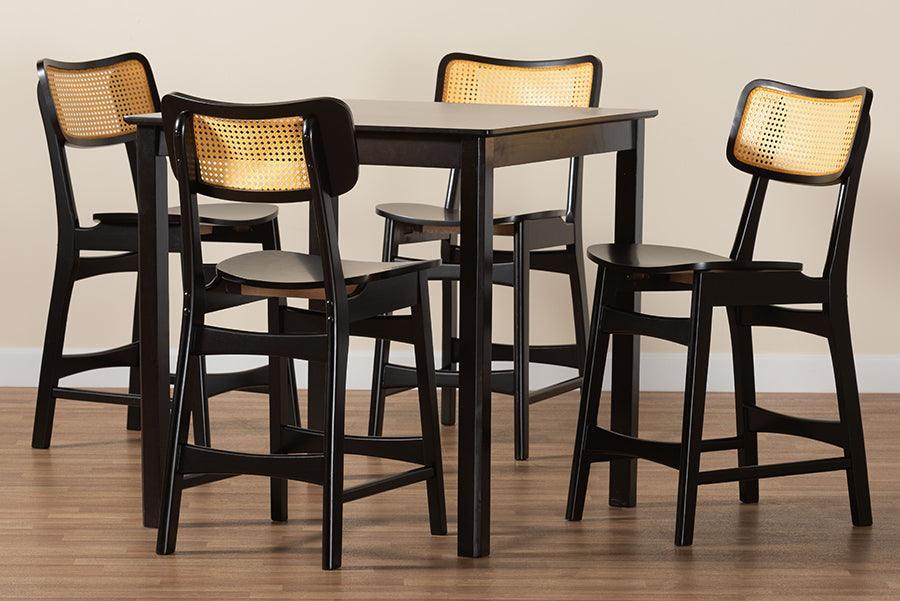 Baxton Studio Tafari Mid-Century Modern Dark Brown Finished Wood and Rattan Pub Set FredCo