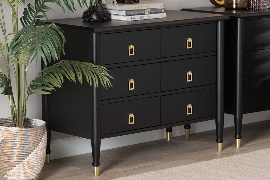 Baxton Studio Tamra Black Wood 6-Drawer Chest – Modern Transitional Bedroom Storage with Metallic Accents FredCo