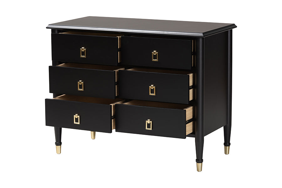 Baxton Studio Tamra Black Wood 6-Drawer Chest – Modern Transitional Bedroom Storage with Metallic Accents FredCo