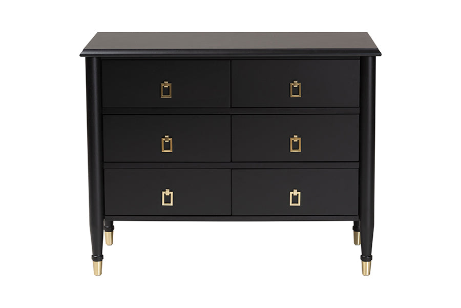 Baxton Studio Tamra Black Wood 6-Drawer Chest – Modern Transitional Bedroom Storage with Metallic Accents FredCo