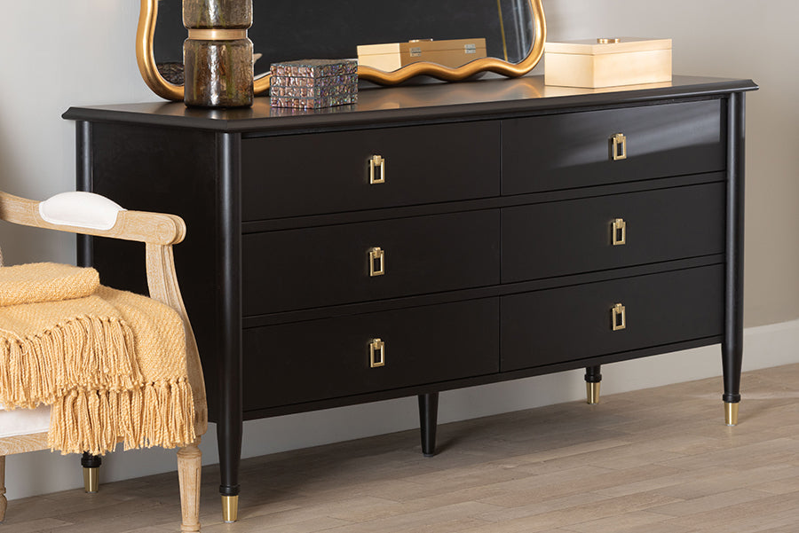 Baxton Studio Tamra Black Wood 6-Drawer Dresser – Modern Transitional Bedroom Storage with Metallic Accents FredCo