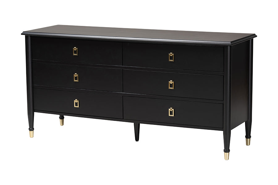 Baxton Studio Tamra Black Wood 6-Drawer Dresser – Modern Transitional Bedroom Storage with Metallic Accents FredCo
