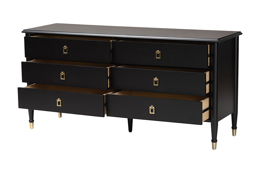Baxton Studio Tamra Black Wood 6-Drawer Dresser – Modern Transitional Bedroom Storage with Metallic Accents FredCo