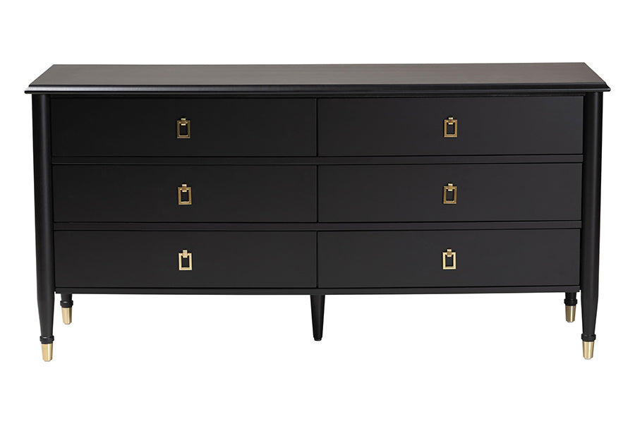 Baxton Studio Tamra Black Wood 6-Drawer Dresser – Modern Transitional Bedroom Storage with Metallic Accents FredCo