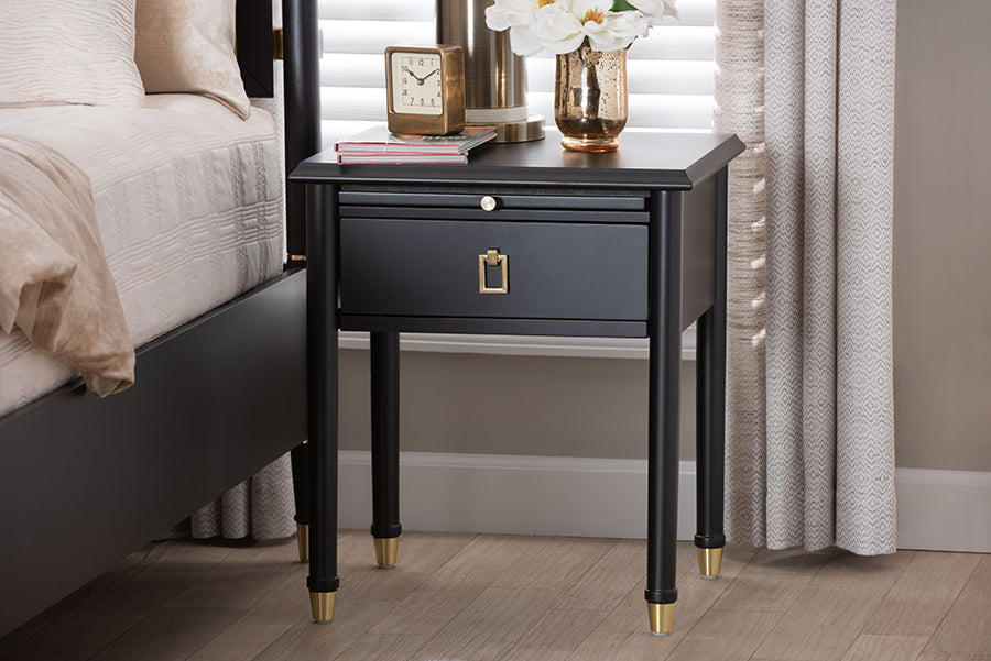 Baxton Studio Tamra Black Wood Nightstand with Pullout Shelf – Modern Transitional Bedside Table with Metallic Trim FredCo