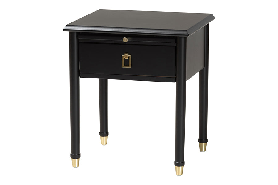 Baxton Studio Tamra Black Wood Nightstand with Pullout Shelf – Modern Transitional Bedside Table with Metallic Trim FredCo