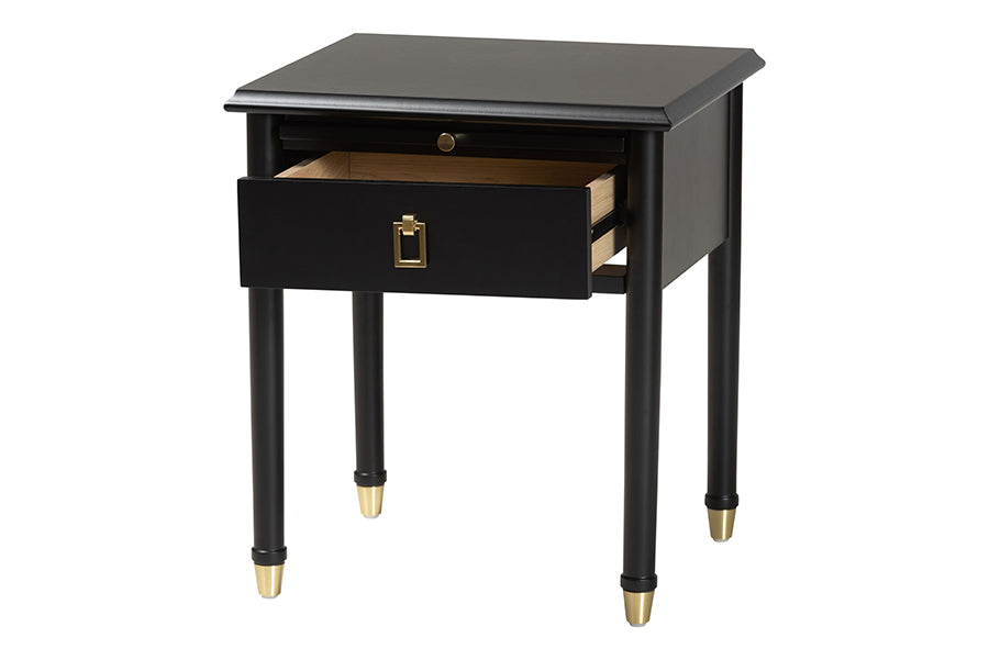 Baxton Studio Tamra Black Wood Nightstand with Pullout Shelf – Modern Transitional Bedside Table with Metallic Trim FredCo