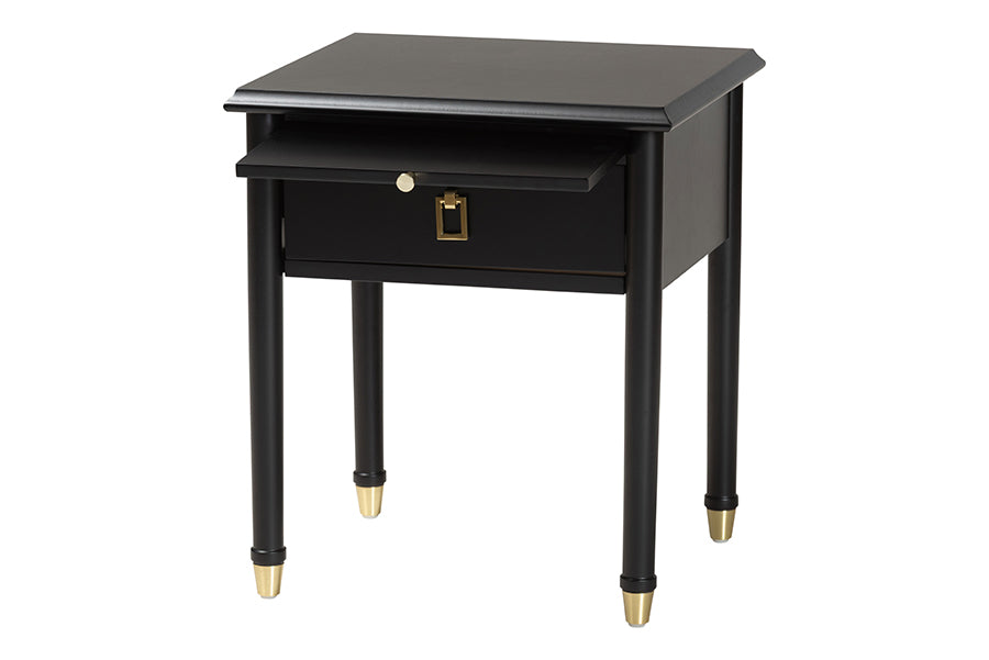 Baxton Studio Tamra Black Wood Nightstand with Pullout Shelf – Modern Transitional Bedside Table with Metallic Trim FredCo