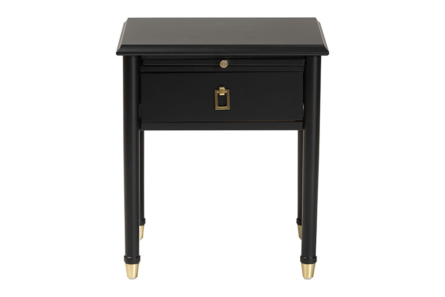 Baxton Studio Tamra Black Wood Nightstand with Pullout Shelf – Modern Transitional Bedside Table with Metallic Trim FredCo