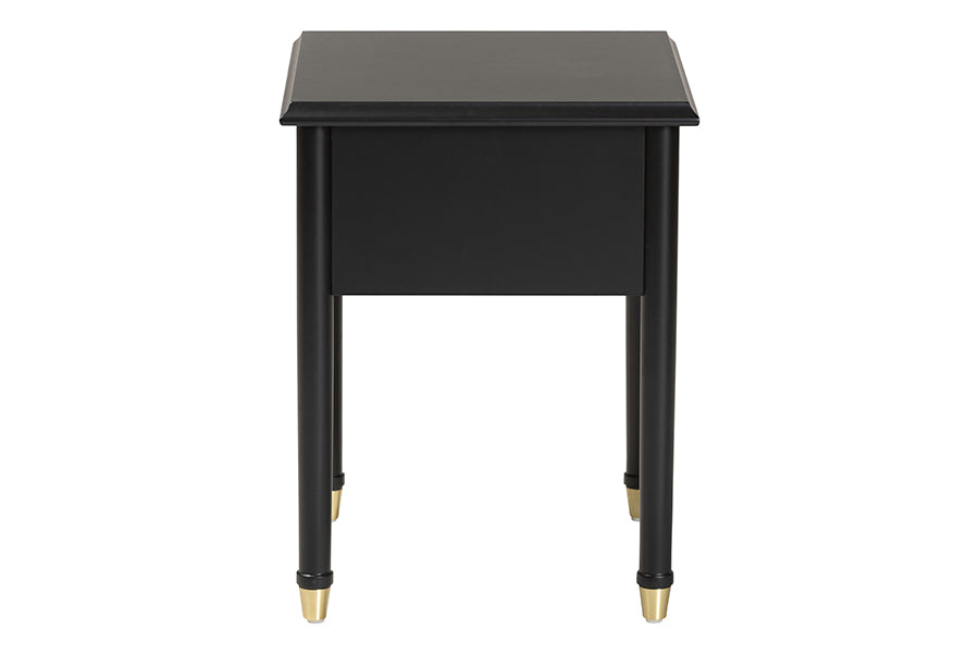 Baxton Studio Tamra Black Wood Nightstand with Pullout Shelf – Modern Transitional Bedside Table with Metallic Trim FredCo