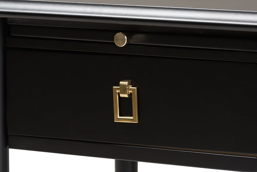 Baxton Studio Tamra Black Wood Nightstand with Pullout Shelf – Modern Transitional Bedside Table with Metallic Trim FredCo