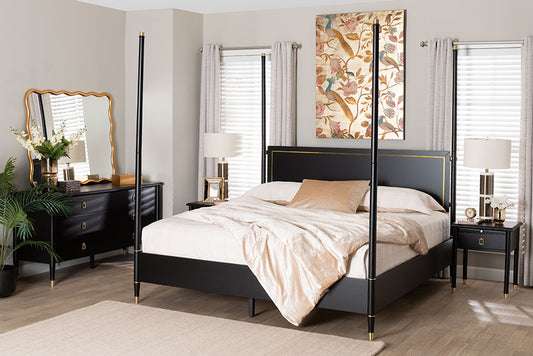 Baxton Studio Tamra King Four-Poster Bedroom Set – Black Wood Bed with Matching Dresser and Two Nightstands FredCo