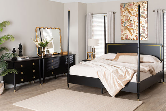 Baxton Studio Tamra King Four-Poster Bedroom Set – Black Wood Bed with Matching Dresser, Chest & Nightstands FredCo