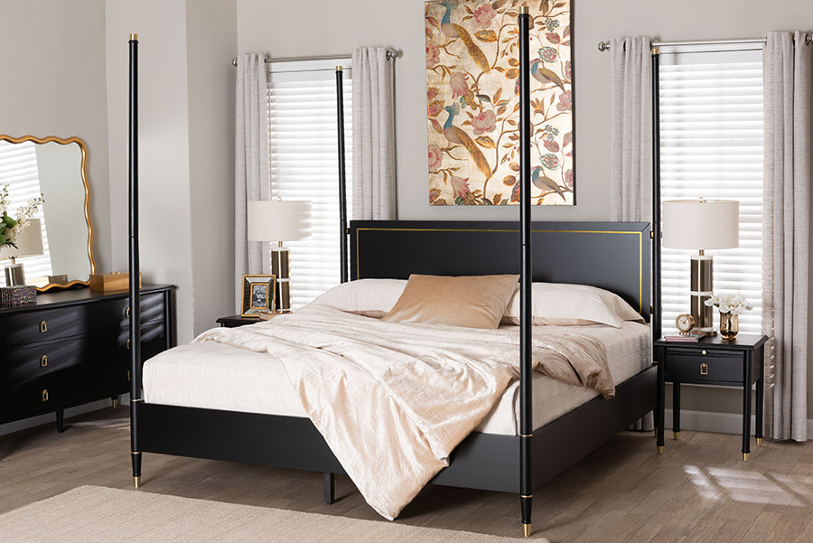 Baxton Studio Tamra King Four-Poster Platform Bed – Black Wood Bed Frame with Metallic Trim and Capped Legs FredCo