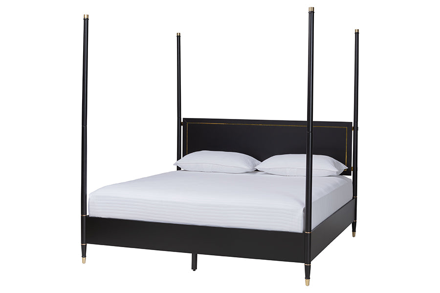 Baxton Studio Tamra King Four-Poster Platform Bed – Black Wood Bed Frame with Metallic Trim and Capped Legs FredCo