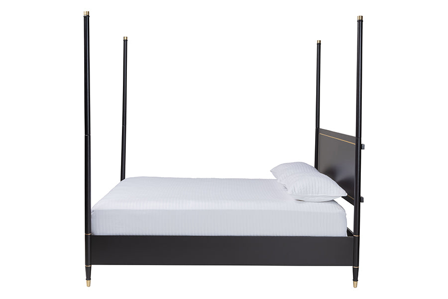 Baxton Studio Tamra King Four-Poster Platform Bed – Black Wood Bed Frame with Metallic Trim and Capped Legs FredCo