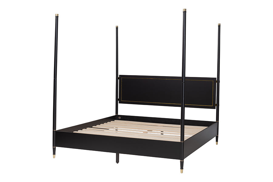 Baxton Studio Tamra King Four-Poster Platform Bed – Black Wood Bed Frame with Metallic Trim and Capped Legs FredCo