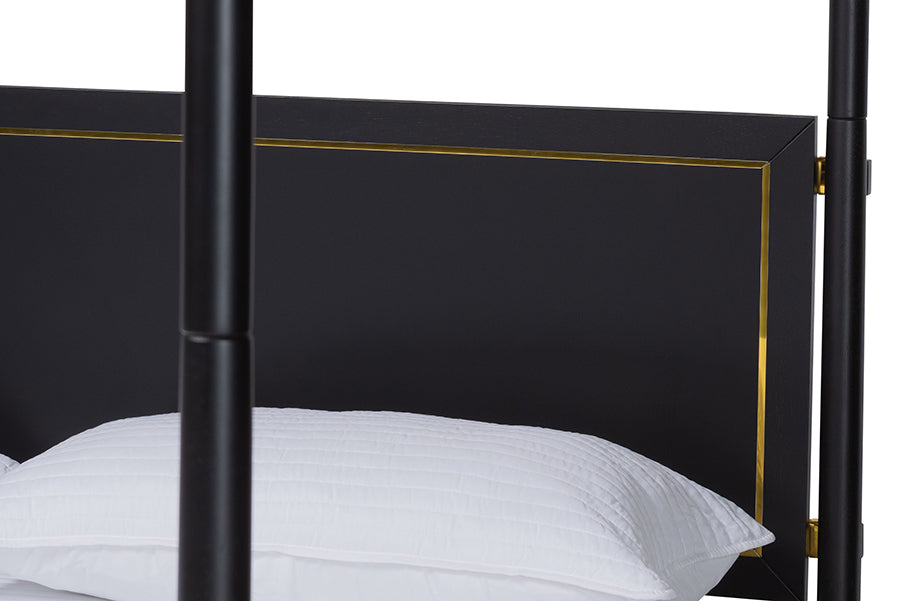 Baxton Studio Tamra King Four-Poster Platform Bed – Black Wood Bed Frame with Metallic Trim and Capped Legs FredCo