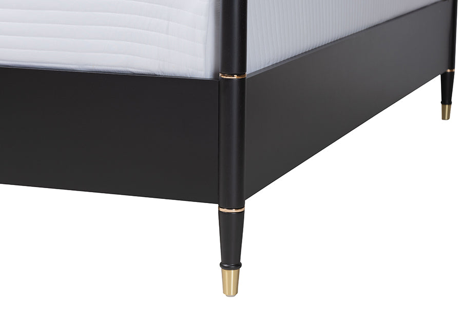 Baxton Studio Tamra King Four-Poster Platform Bed – Black Wood Bed Frame with Metallic Trim and Capped Legs FredCo