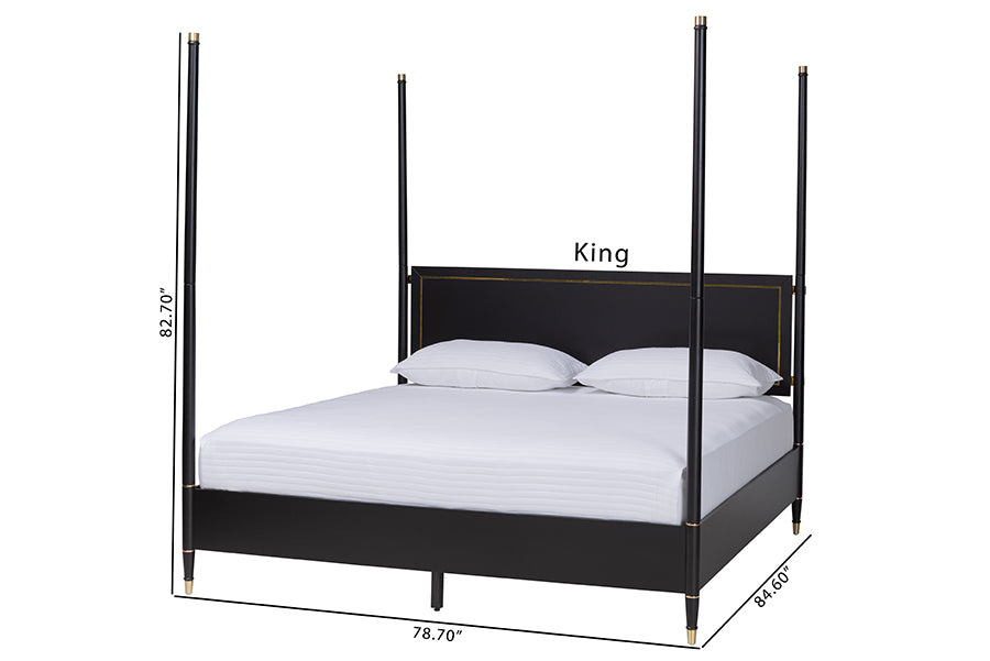 Baxton Studio Tamra King Four-Poster Platform Bed – Black Wood Bed Frame with Metallic Trim and Capped Legs FredCo