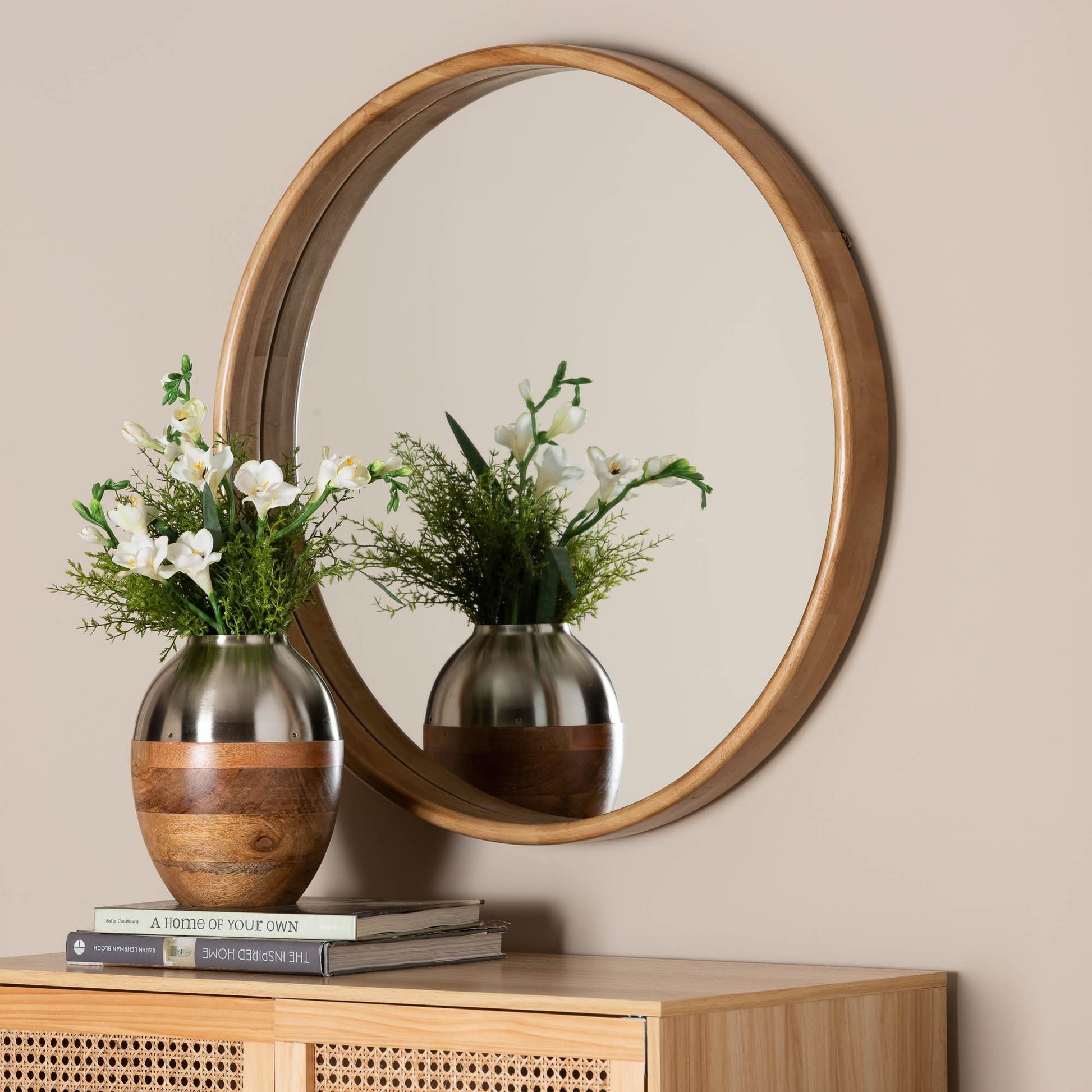 Baxton Studio Tazara Japandi Natural Round Accent Wall Mirror FredCo