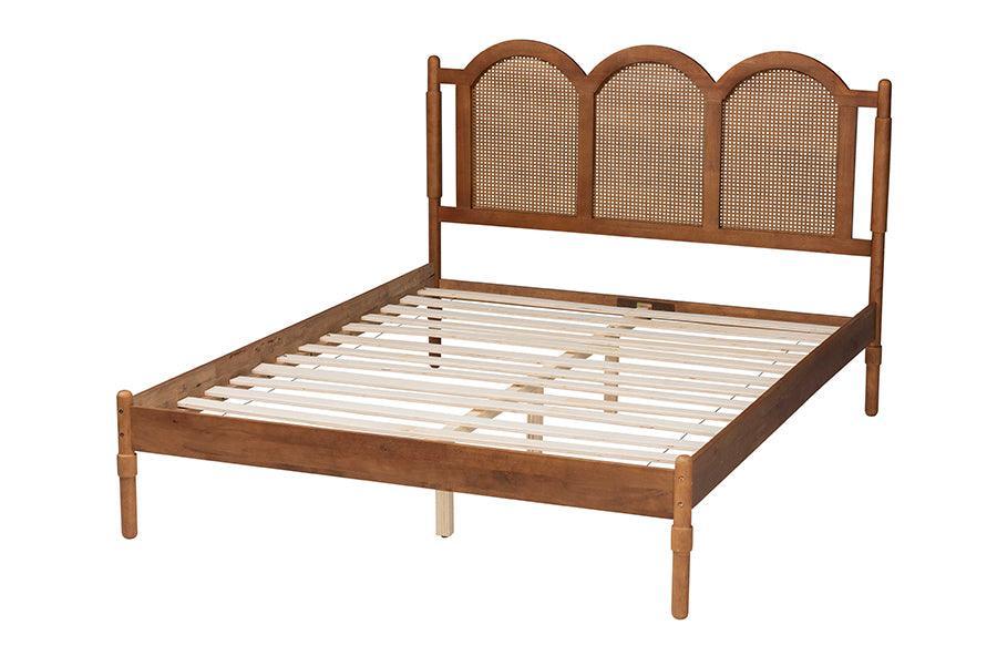 Baxton Studio Thatcher Mid-Century Modern Walnut Brown Finished Wood Queen Size Platform Bed with Woven Rattan FredCo