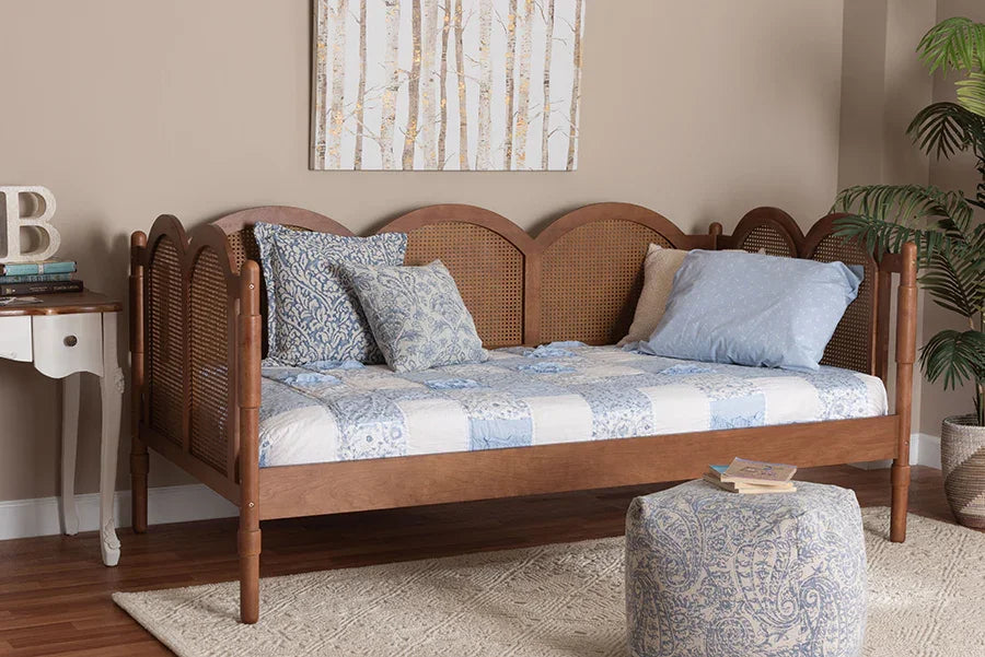 Baxton Studio Twin Carmiya Scalloped Daybed - Wooden Frame with Rattan Panels, Arched Boho Coastal Style Bed for Living Room or Guest Bedroom FredCo