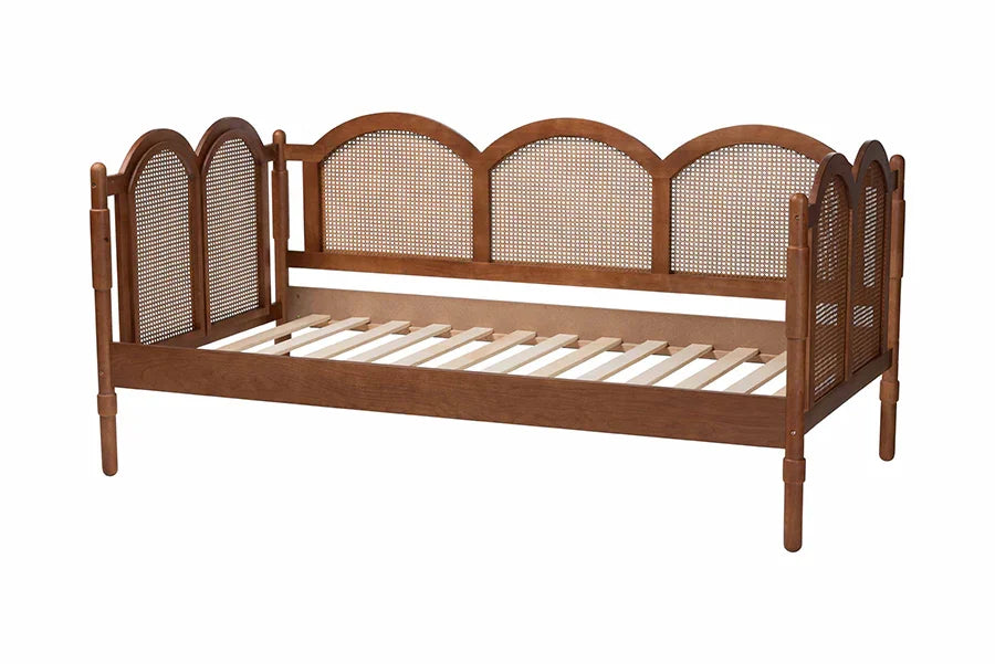 Baxton Studio Twin Carmiya Scalloped Daybed - Wooden Frame with Rattan Panels, Arched Boho Coastal Style Bed for Living Room or Guest Bedroom FredCo