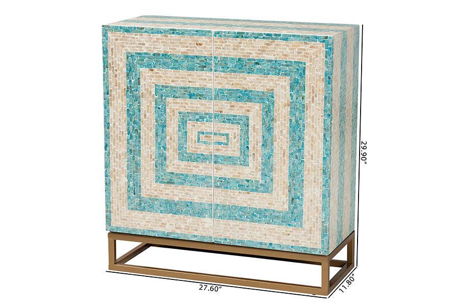 Baxton Studio Utari Modern Bohemian Two-Tone Beige and Blue Mother of Pearl and Gold Metal Storage Cabinet FredCo