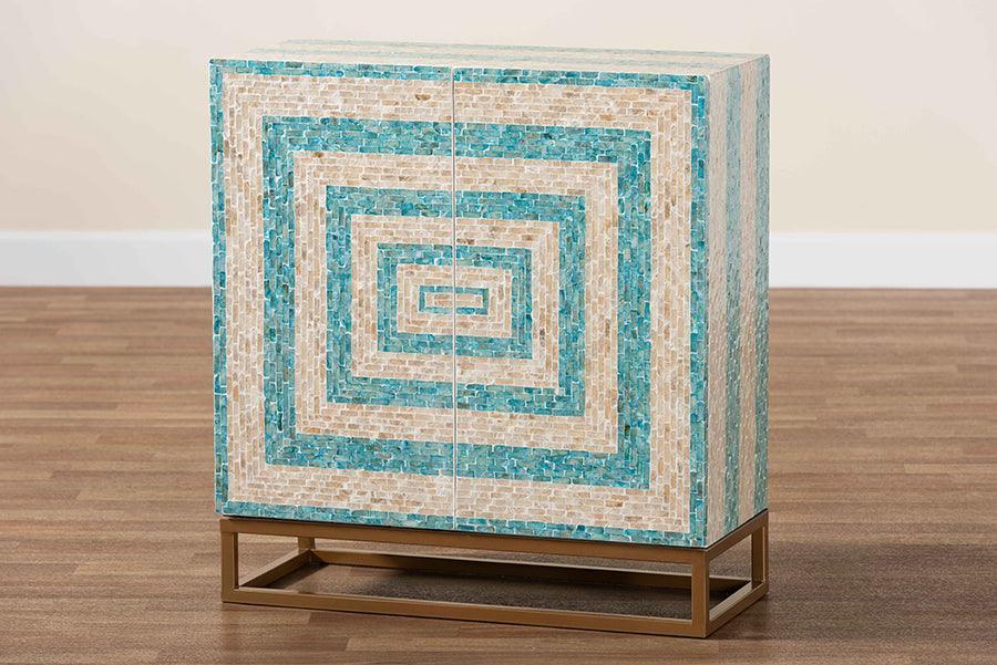 Baxton Studio Utari Modern Bohemian Two-Tone Beige and Blue Mother of Pearl and Gold Metal Storage Cabinet FredCo