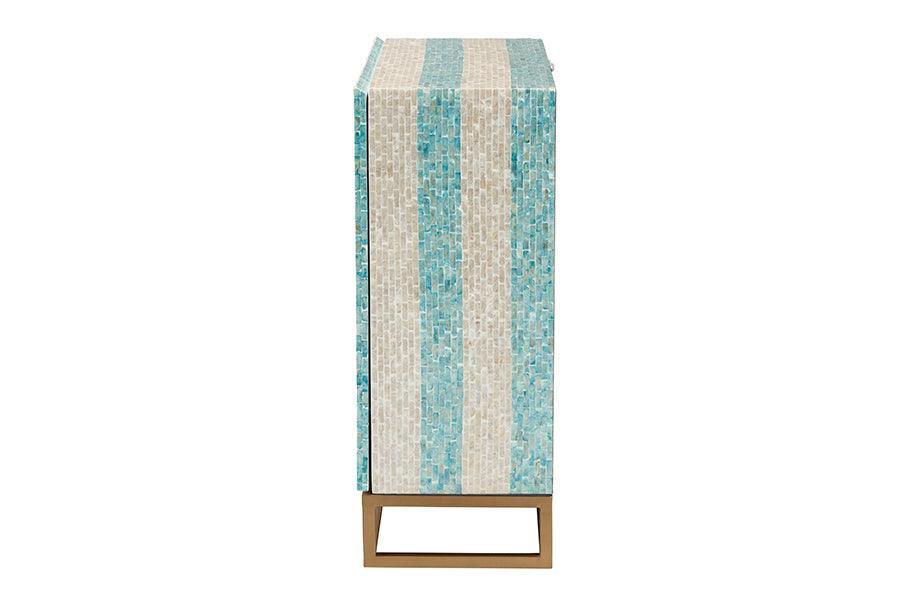 Baxton Studio Utari Modern Bohemian Two-Tone Beige and Blue Mother of Pearl and Gold Metal Storage Cabinet FredCo