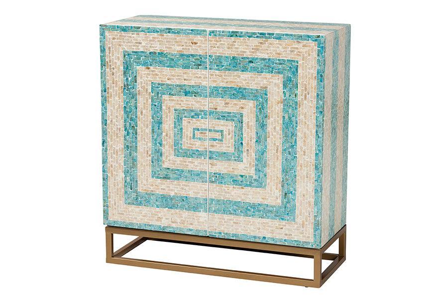 Baxton Studio Utari Modern Bohemian Two-Tone Beige and Blue Mother of Pearl and Gold Metal Storage Cabinet FredCo