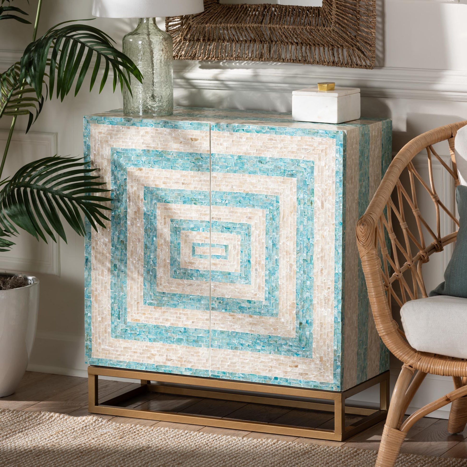 Baxton Studio Utari Modern Bohemian Two-Tone Beige and Blue Mother of Pearl and Gold Metal Storage Cabinet FredCo